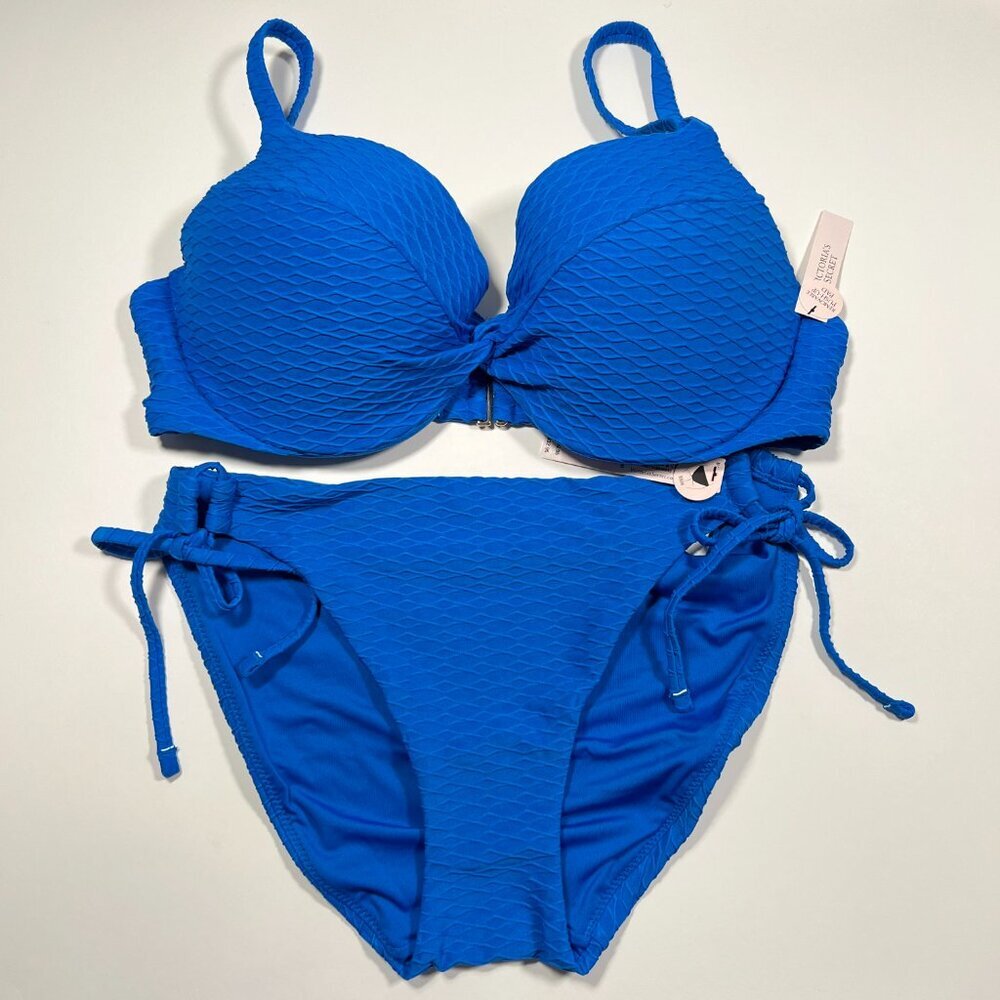 Victoria Secret 38C L TWIST FRONT Push Up Bikini Top Bottom Set Textured Blue